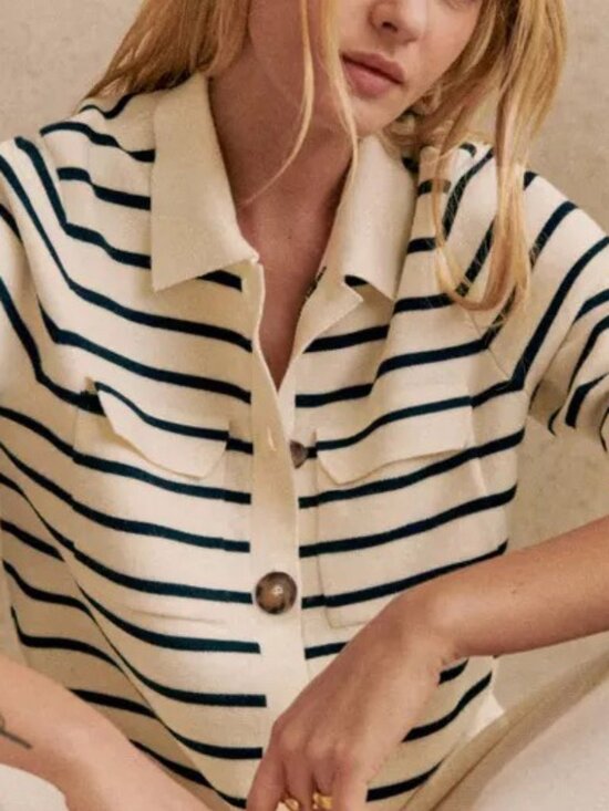 Euc Sezane Betty Merino Wool Striped Collared Cardigan Ecru Navy Small
